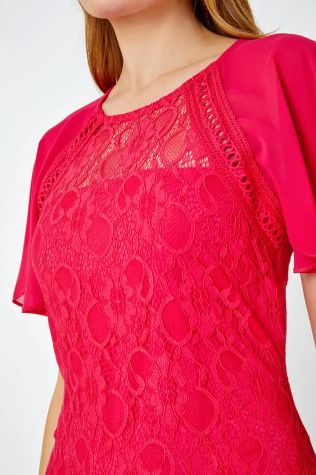 Cerise Chiffon Angel Sleeve Stretch Lace Midi Dress Women Roman Dresses