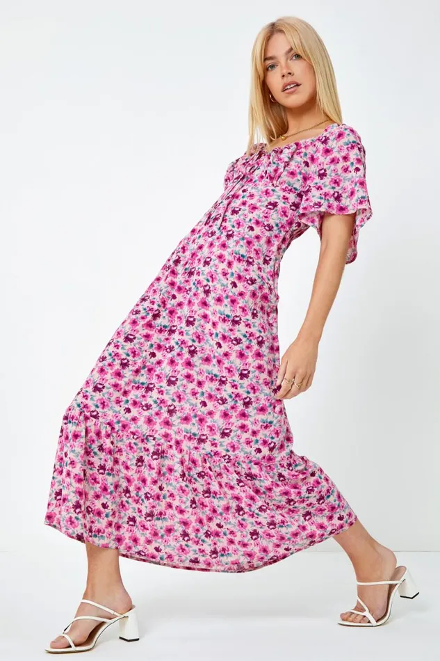 Cerise Floral Print Sweetheart Midi Dress Women Roman Dresses