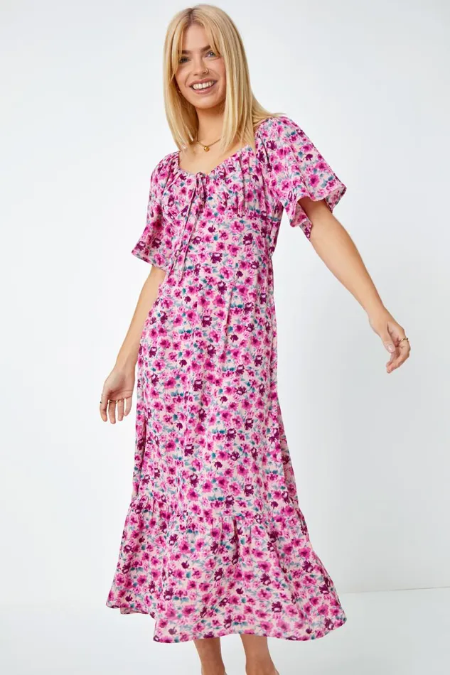 Cerise Floral Print Sweetheart Midi Dress Women Roman Dresses