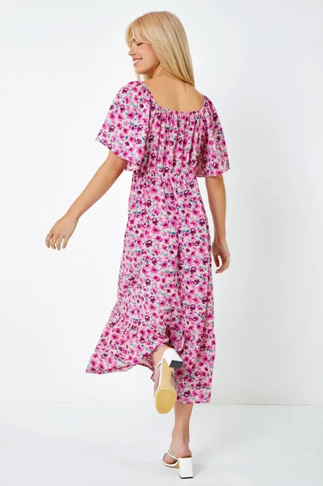 Cerise Floral Print Sweetheart Midi Dress Women Roman Dresses