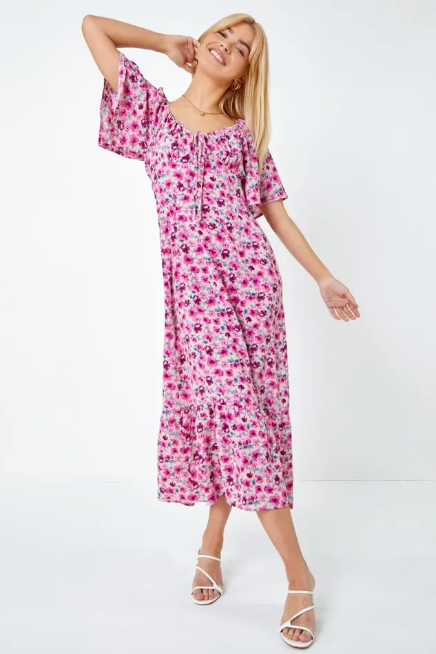 Cerise Floral Print Sweetheart Midi Dress Women Roman Dresses