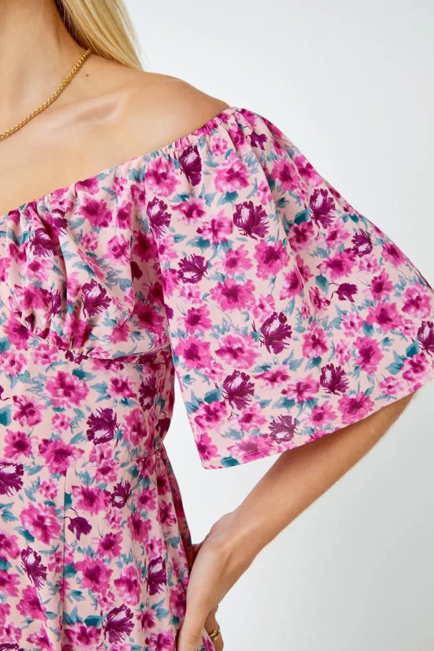 Cerise Floral Print Sweetheart Midi Dress Women Roman Dresses