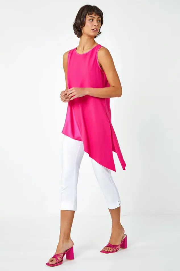 Cerise Satin Contrast Asymmetric Chiffon Tunic Top Women Roman Tops
