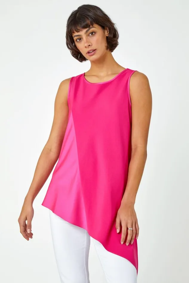 Cerise Satin Contrast Asymmetric Chiffon Tunic Top Women Roman Tops