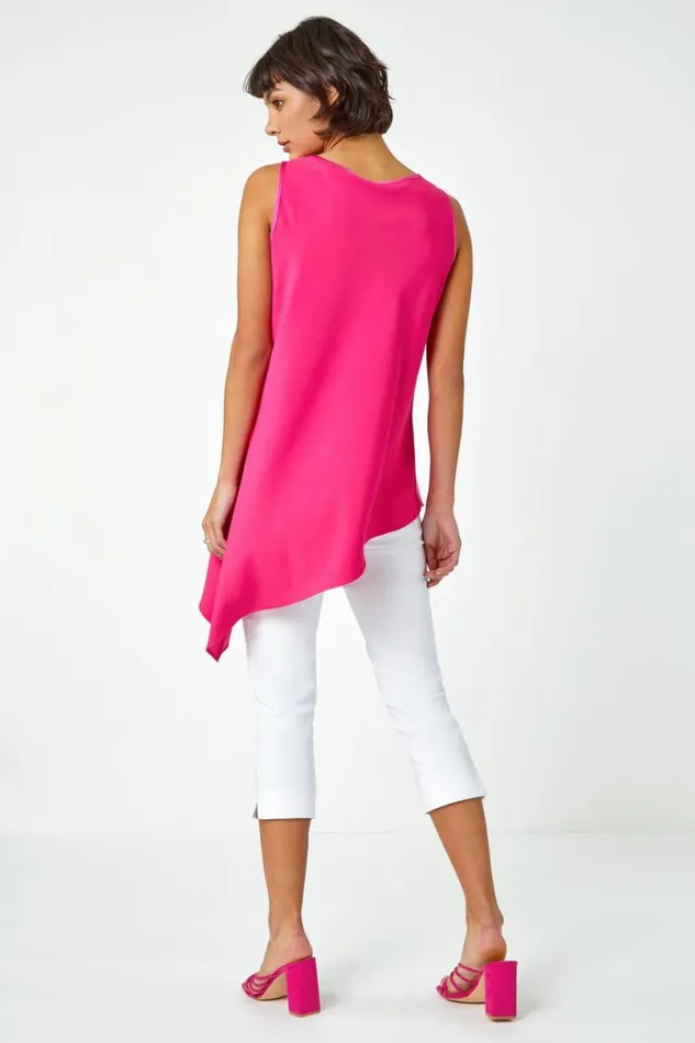 Cerise Satin Contrast Asymmetric Chiffon Tunic Top Women Roman Tops