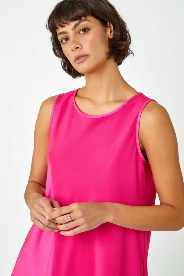 Cerise Satin Contrast Asymmetric Chiffon Tunic Top Women Roman Tops