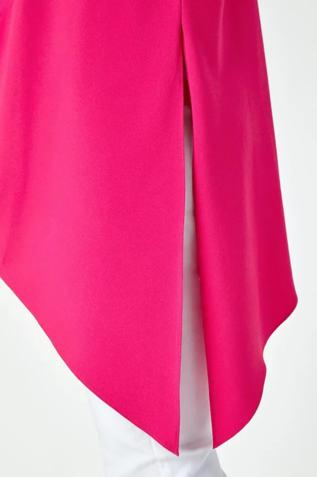 Cerise Satin Contrast Asymmetric Chiffon Tunic Top Women Roman Tops