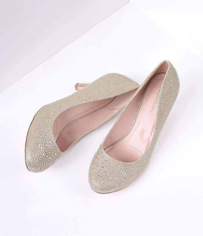 Champagne Metallic Rhinestone Doris Kitten Heels Shoes Unique Vintage Heels