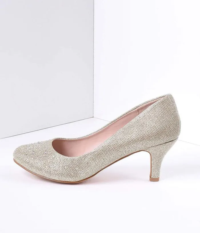 Champagne Metallic Rhinestone Doris Kitten Heels Shoes Unique Vintage Heels