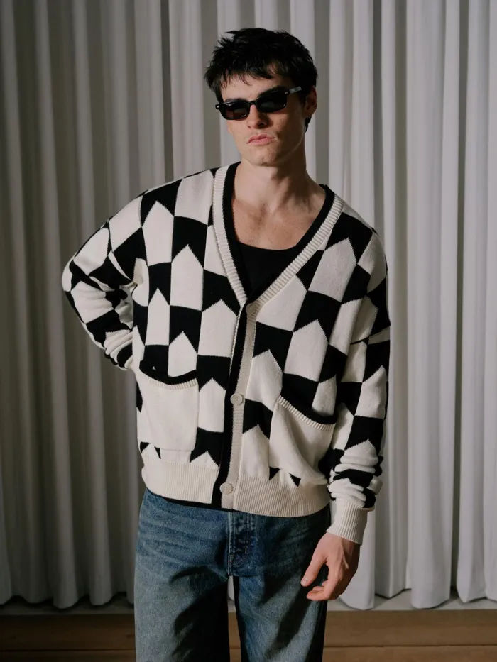 CHEVRON CHECKERED KNIT CARDIGAN Men Rhude Luxe Knitwear CHEVRON CHECKERED KNIT CARDIGAN Men Rhude Luxe Knitwear