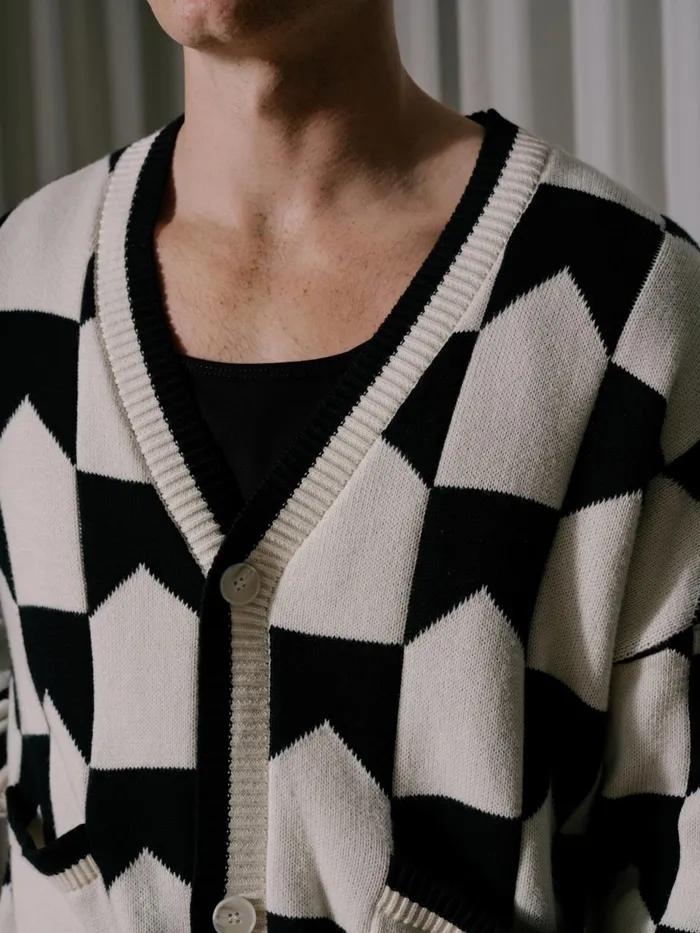 CHEVRON CHECKERED KNIT CARDIGAN Men Rhude Luxe Knitwear CHEVRON CHECKERED KNIT CARDIGAN Men Rhude Luxe Knitwear