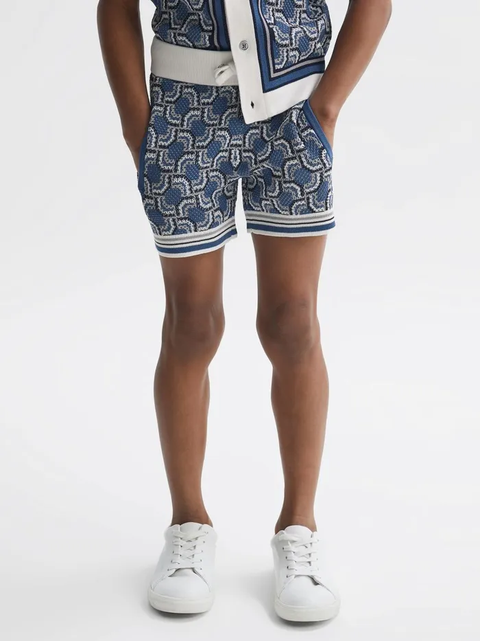 Children Reiss CoOrds Bloom Knitted Patterned Drawstring Shorts Blue