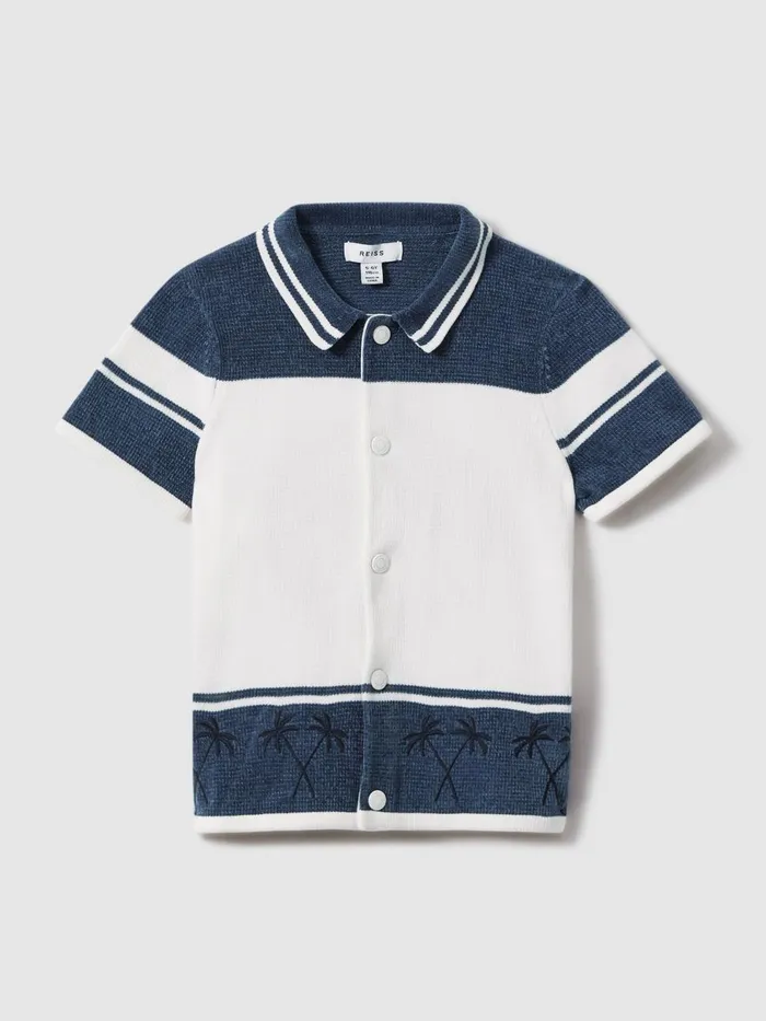Children Reiss CoOrds Bowler Velour Embroidered Striped Shirt Optic Whiteairforce Blue