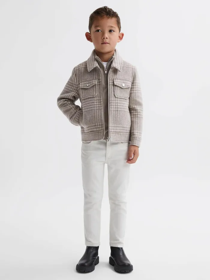 Children Reiss Coats and Jackets Peridoe Wool Trucker Jacket Oatmeal Check