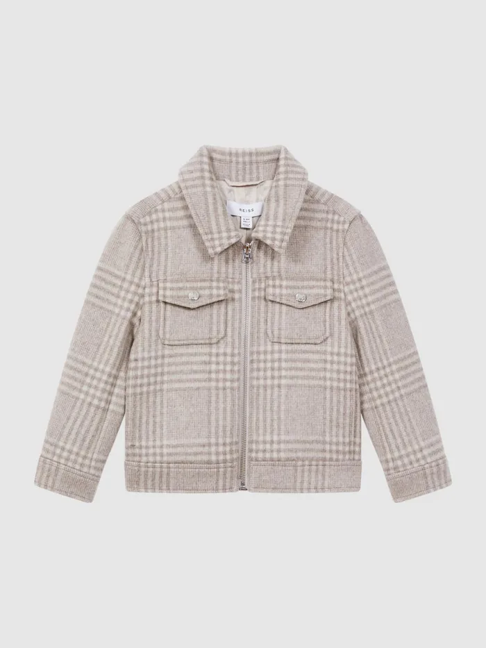 Children Reiss Coats and Jackets Peridoe Wool Trucker Jacket Oatmeal Check