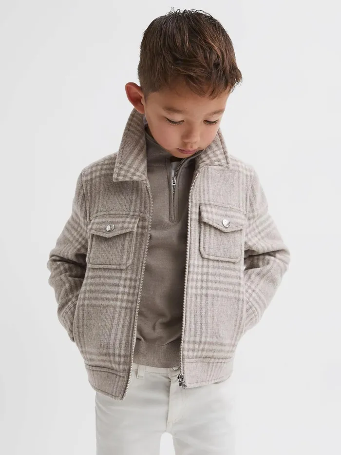 Children Reiss Coats and Jackets Peridoe Wool Trucker Jacket Oatmeal Check