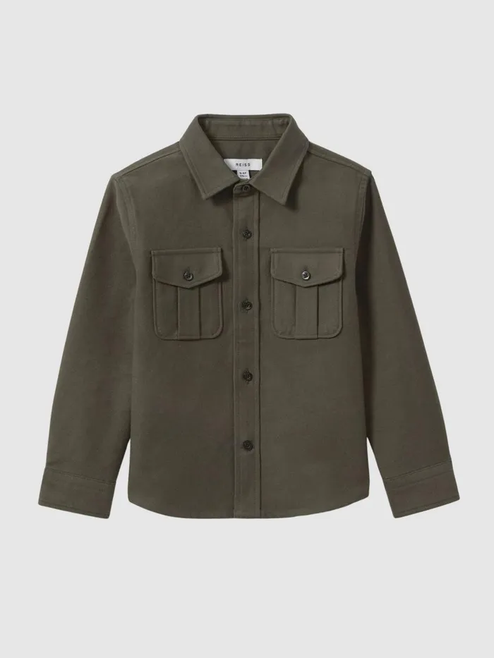 Children Reiss Coats and Jackets Thomas Brushed Cotton Patch Pocket Overshirt Pine Green
