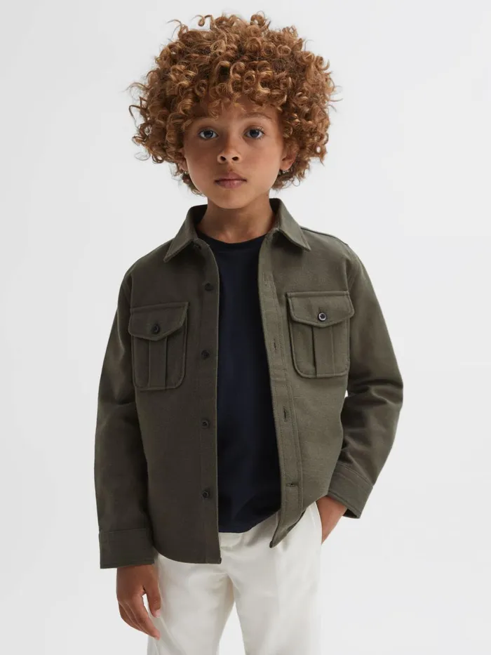 Children Reiss Coats and Jackets Thomas Brushed Cotton Patch Pocket Overshirt Pine Green