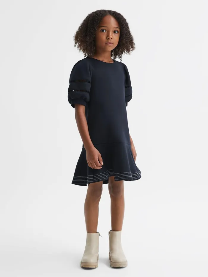 Children Reiss Dresses Clea Jersey Puff Sleeve Mini Dress Navy