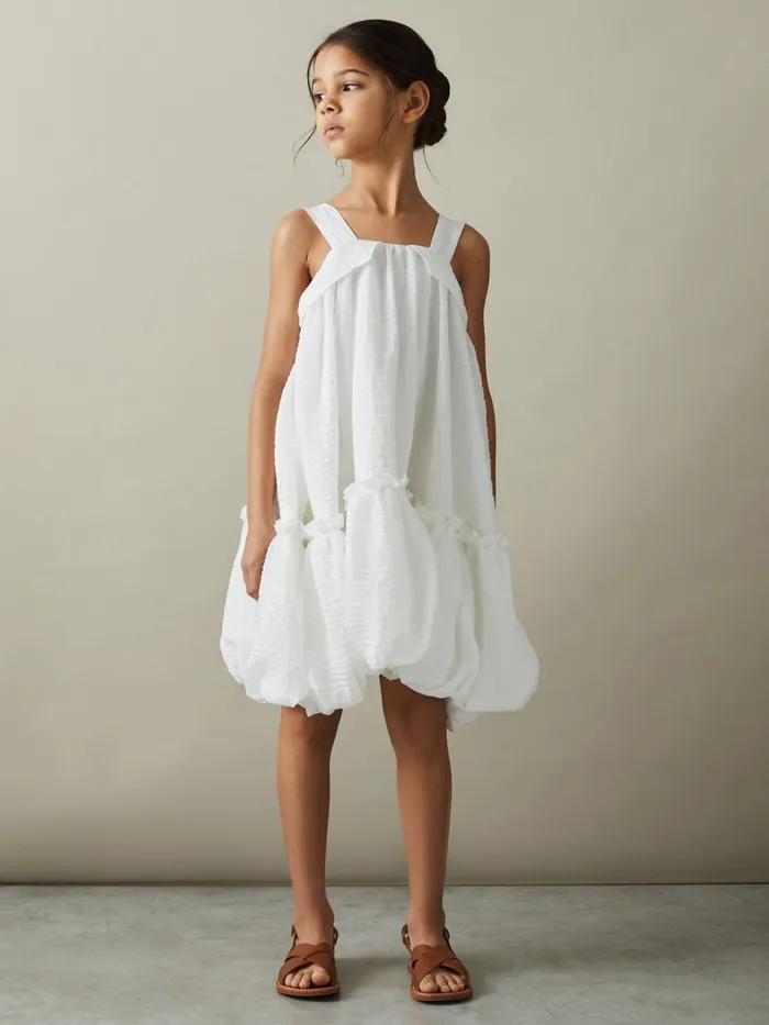 Children Reiss Dresses Emeri Seersucker Bubble Hem Dress Ivory