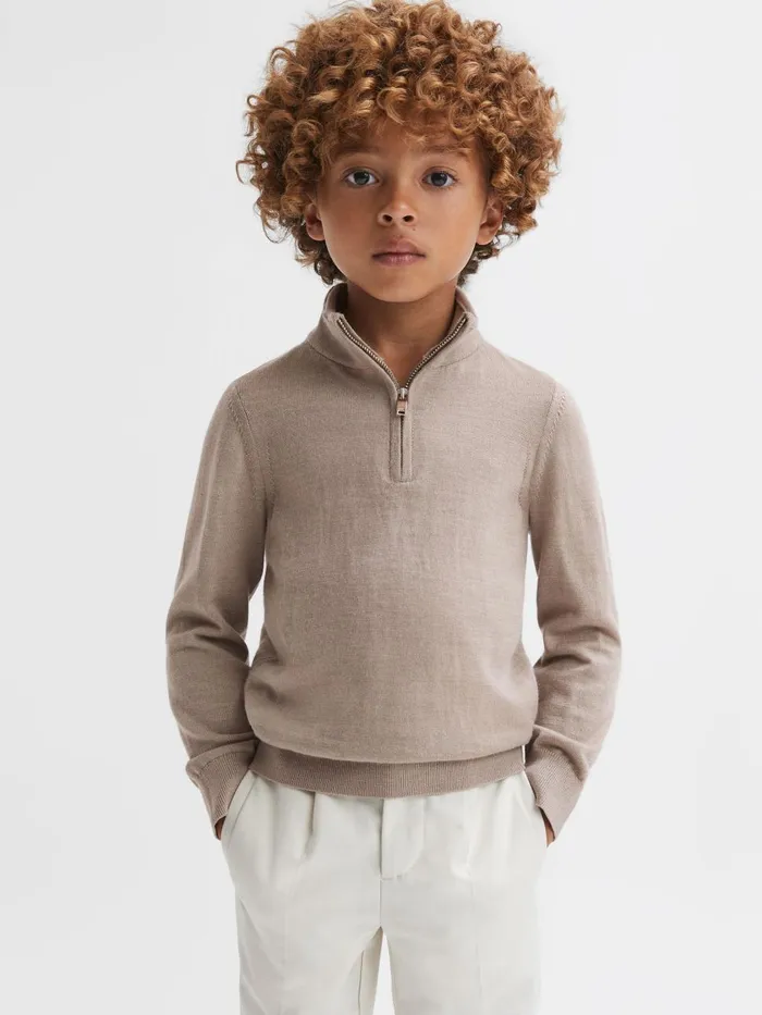Children Reiss Knitwear Blackhall Slim Fit Merino Wool Zip Neck Jumper Mink