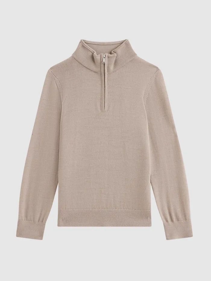Children Reiss Knitwear Blackhall Slim Fit Merino Wool Zip Neck Jumper Mink