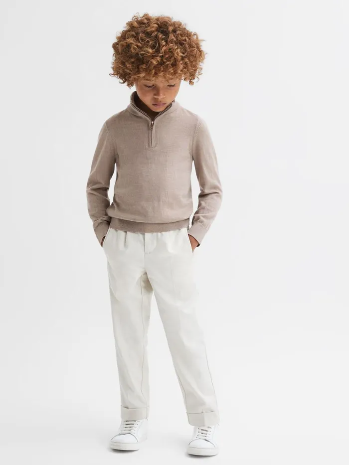 Children Reiss Knitwear Blackhall Slim Fit Merino Wool Zip Neck Jumper Mink