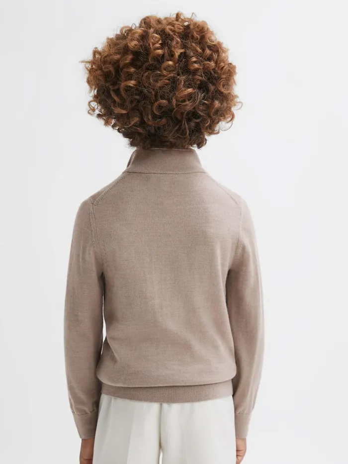 Children Reiss Knitwear Blackhall Slim Fit Merino Wool Zip Neck Jumper Mink