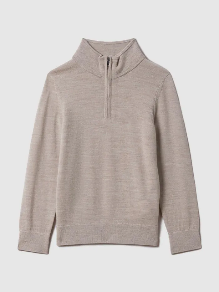 Children Reiss Knitwear Blackhall Wool HalfZip Funnel Neck Jumper Wheat Melange