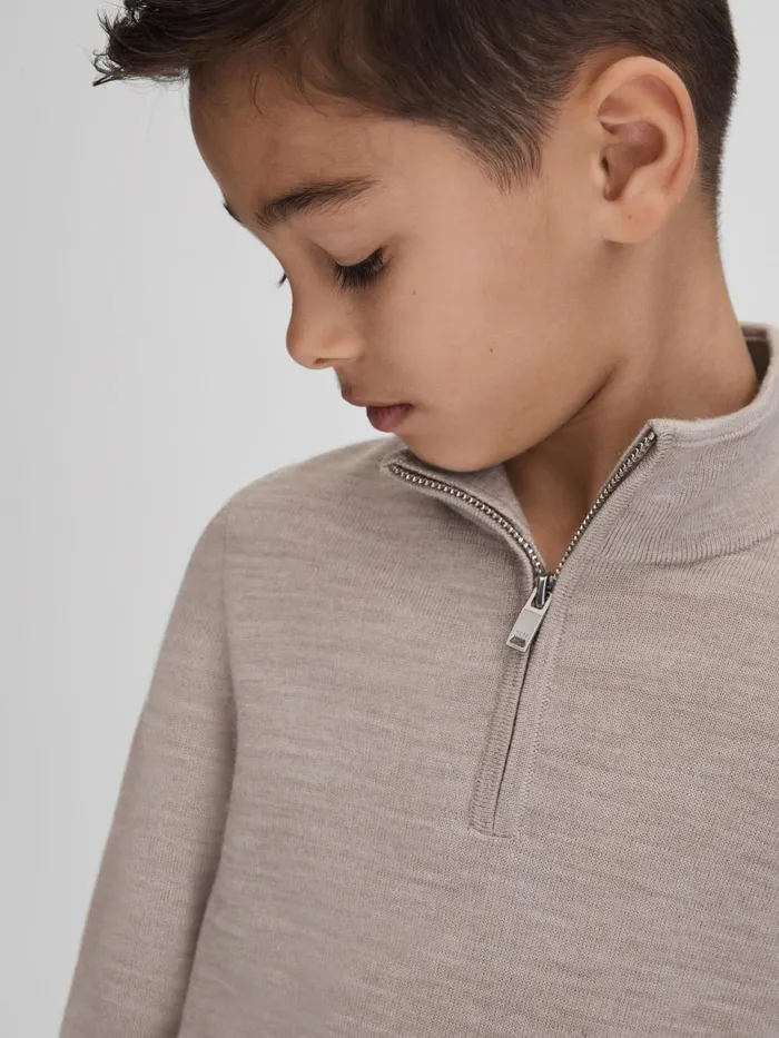 Children Reiss Knitwear Blackhall Wool HalfZip Funnel Neck Jumper Wheat Melange