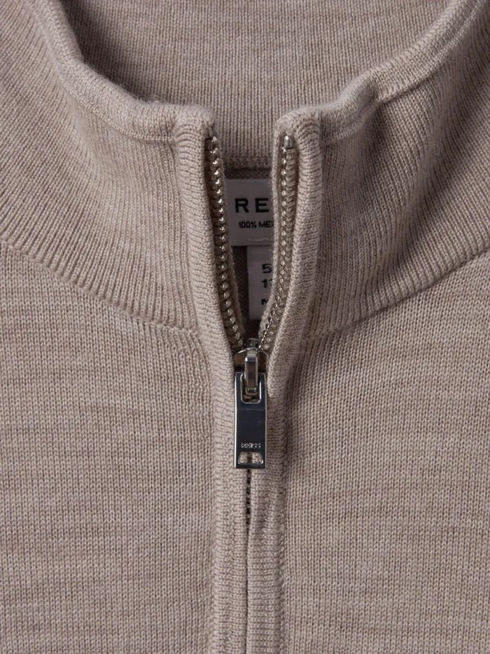 Children Reiss Knitwear Blackhall Wool HalfZip Funnel Neck Jumper Wheat Melange
