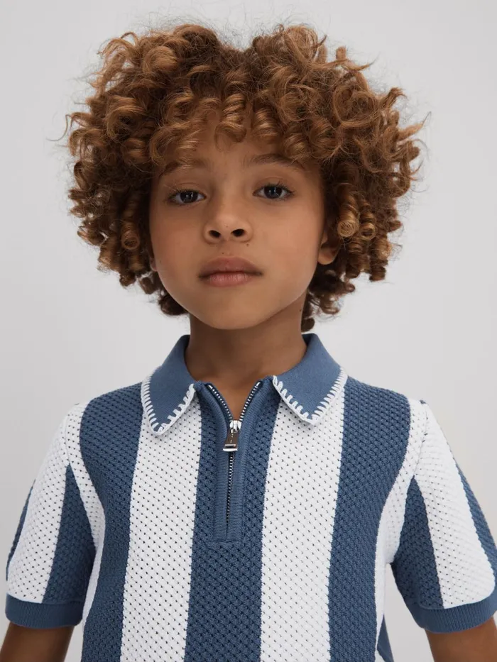 Children Reiss Knitwear Paros Knitted Striped Half Zip Polo Shirt Airforce Blueecru