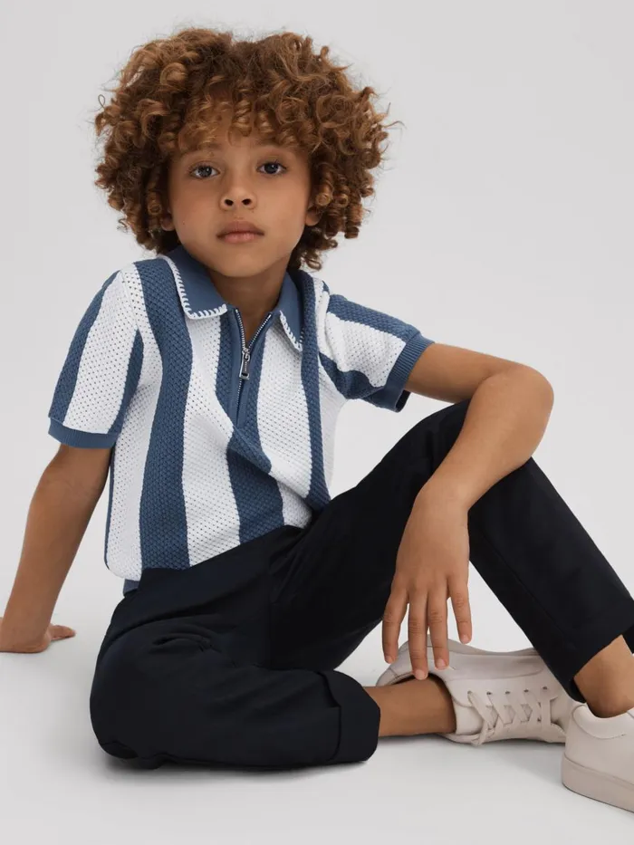 Children Reiss Knitwear Paros Knitted Striped Half Zip Polo Shirt Airforce Blueecru
