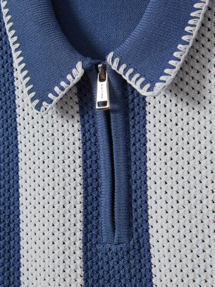 Children Reiss Knitwear Paros Knitted Striped Half Zip Polo Shirt Airforce Blueecru