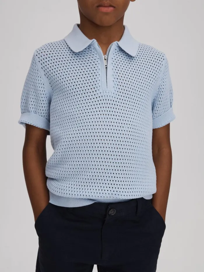 Children Reiss Polo Shirts Burnham Textured HalfZip Polo TShirt Soft Blue