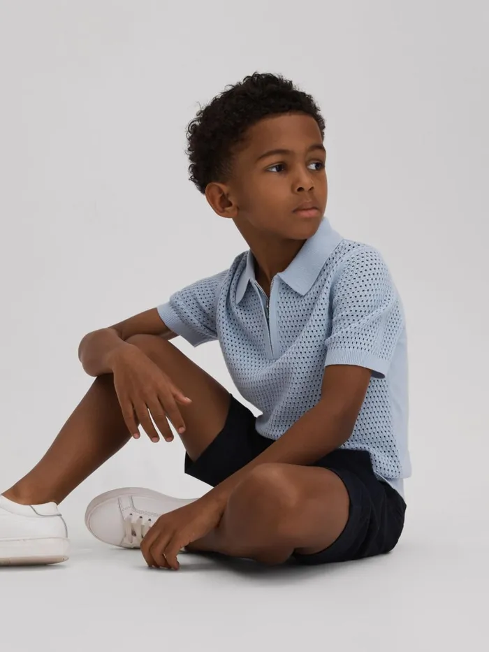 Children Reiss Polo Shirts Burnham Textured HalfZip Polo TShirt Soft Blue