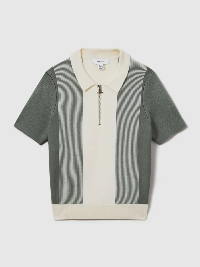 Children Reiss Polo Shirts Milton Half Zip Striped Polo Shirt Sage