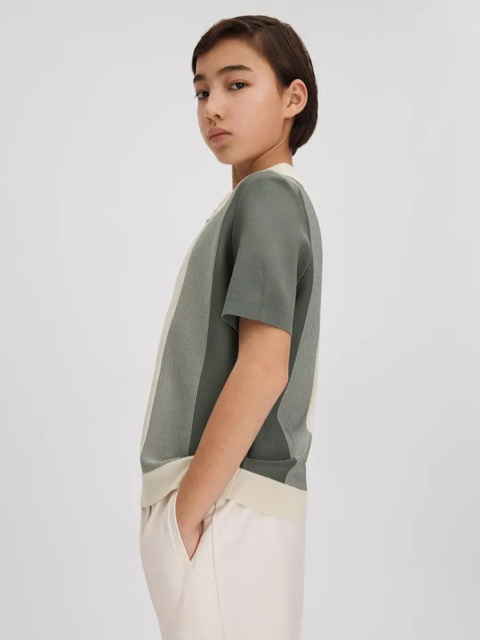 Children Reiss Polo Shirts Milton Half Zip Striped Polo Shirt Sage