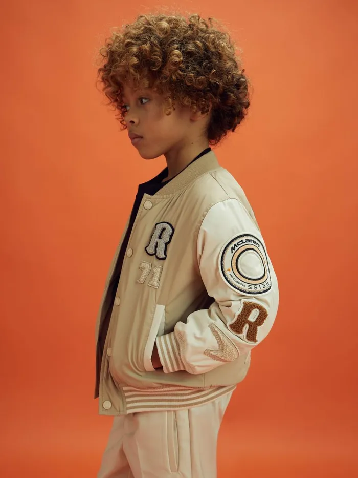 Children Reiss Reiss X Mclaren F1 Team F1 Patch Varsity Bomber Jacket Taupeecru