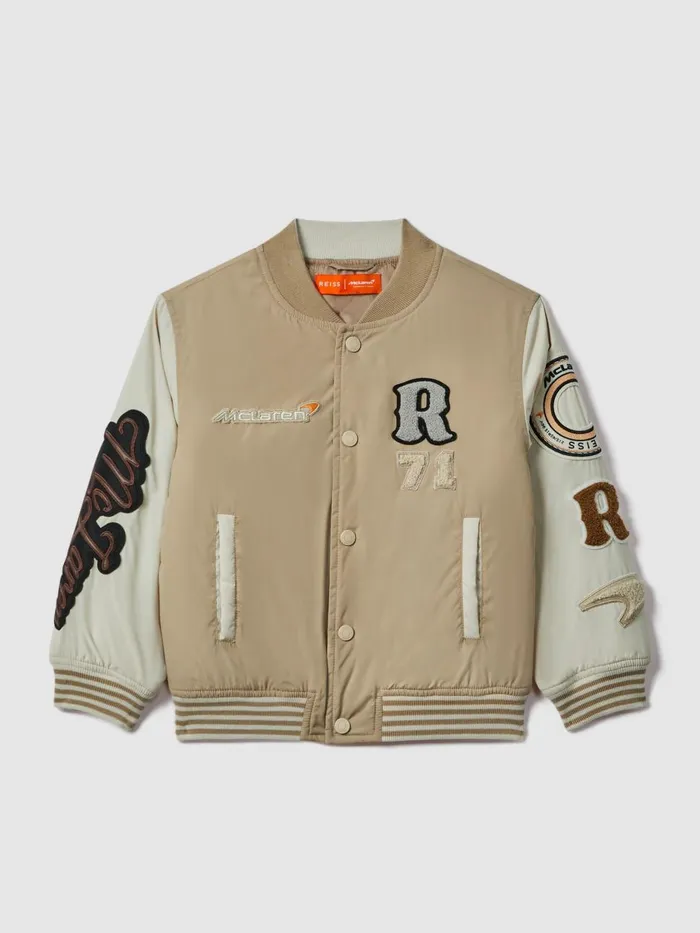 Children Reiss Reiss X Mclaren F1 Team F1 Patch Varsity Bomber Jacket Taupeecru