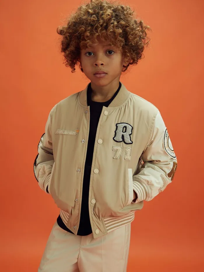 Children Reiss Reiss X Mclaren F1 Team F1 Patch Varsity Bomber Jacket Taupeecru