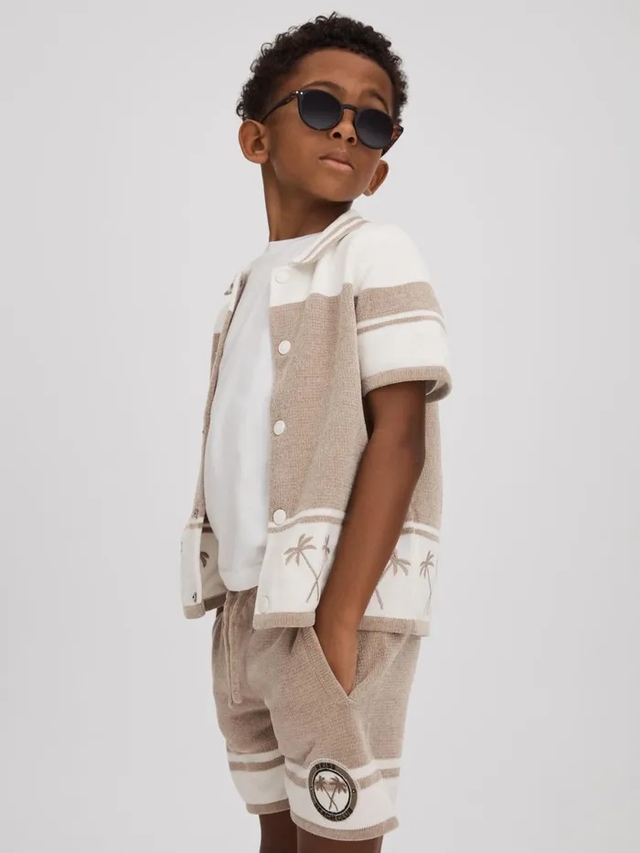 Children Reiss Shirts Bowler Velour Embroidered Striped Shirt Taupeoptic White
