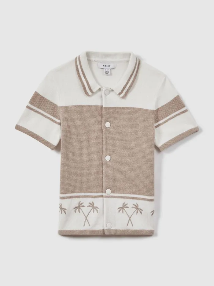 Children Reiss Shirts Bowler Velour Embroidered Striped Shirt Taupeoptic White