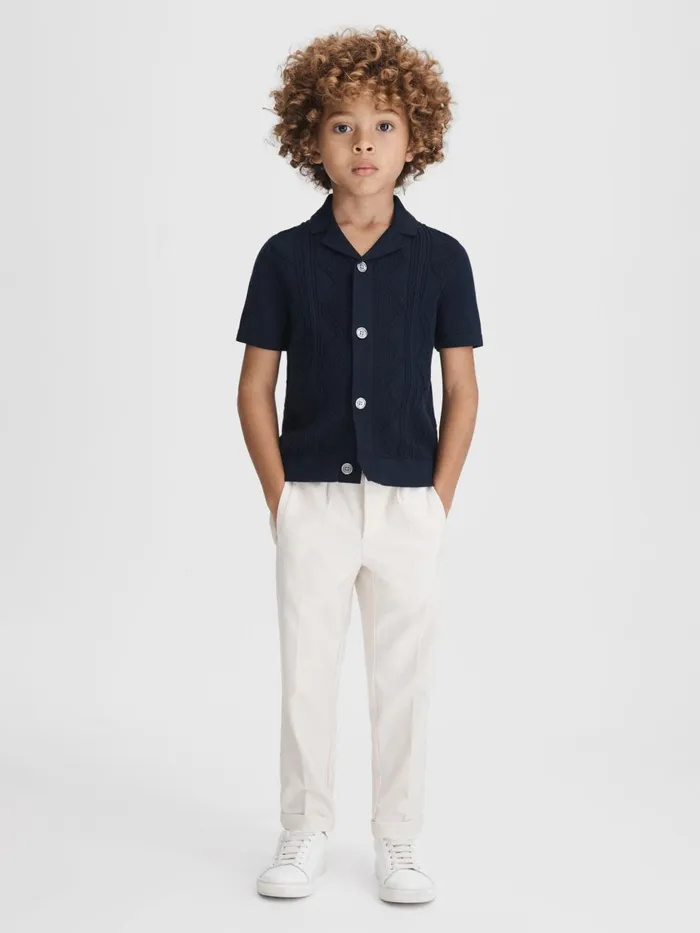 Children Reiss Shirts Fortune Cable Knit Cuban Collar Shirt Navy