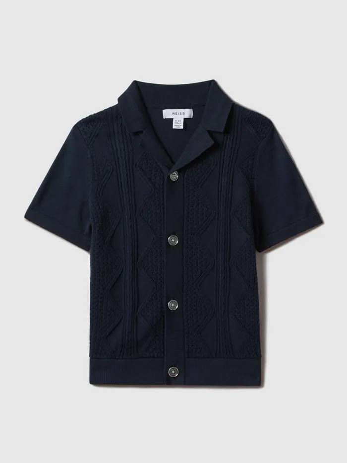 Children Reiss Shirts Fortune Cable Knit Cuban Collar Shirt Navy