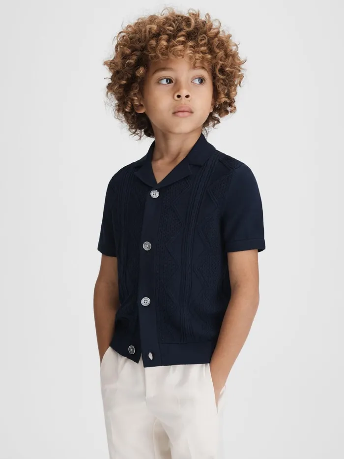 Children Reiss Shirts Fortune Cable Knit Cuban Collar Shirt Navy