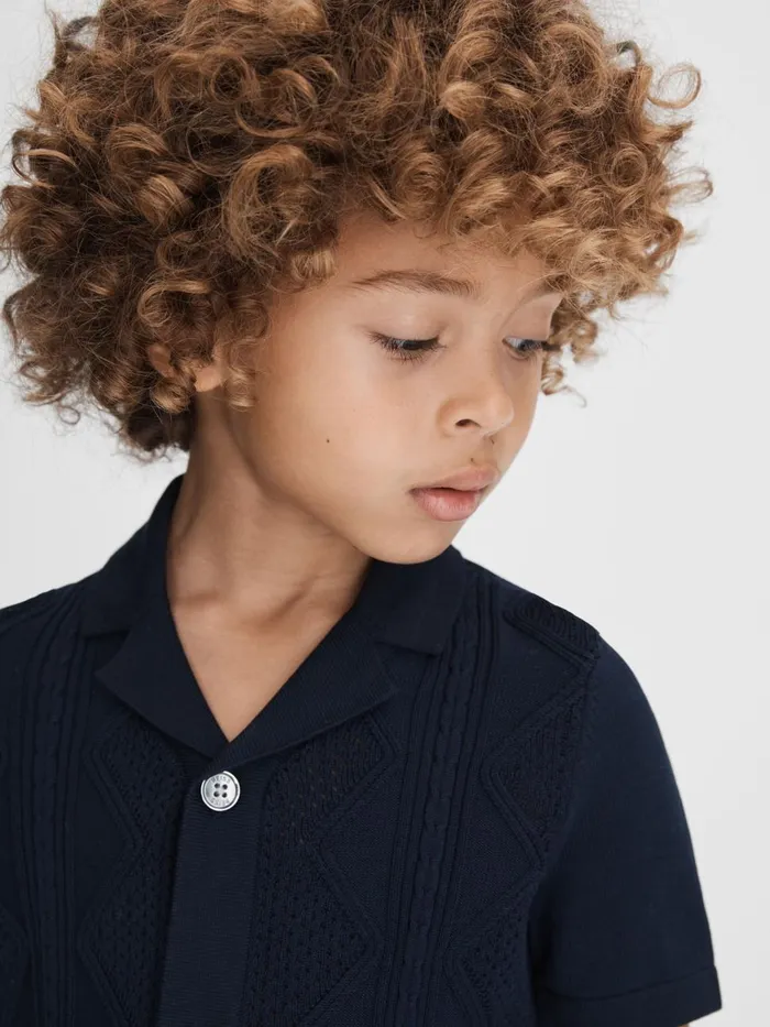 Children Reiss Shirts Fortune Cable Knit Cuban Collar Shirt Navy