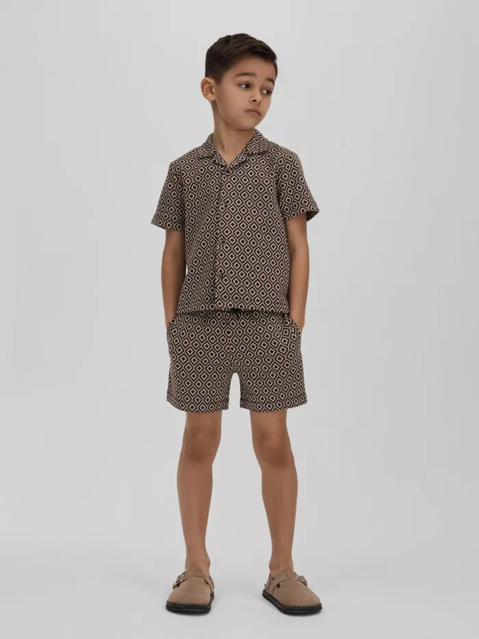 Children Reiss Shirts Grove Jacquard Cuban Collar Shirt Tobacco Multi