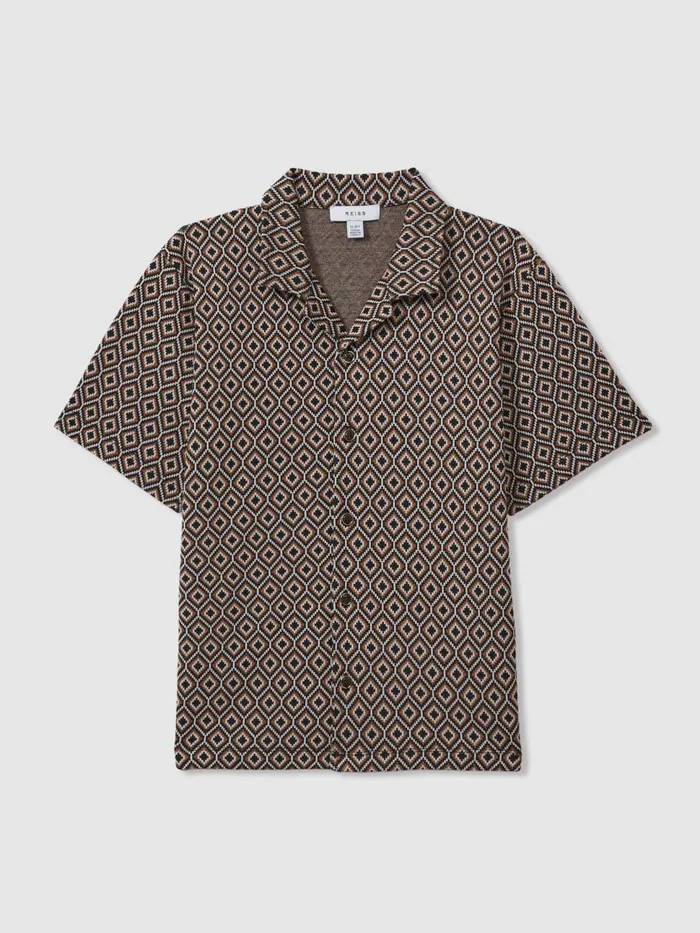Children Reiss Shirts Grove Jacquard Cuban Collar Shirt Tobacco Multi