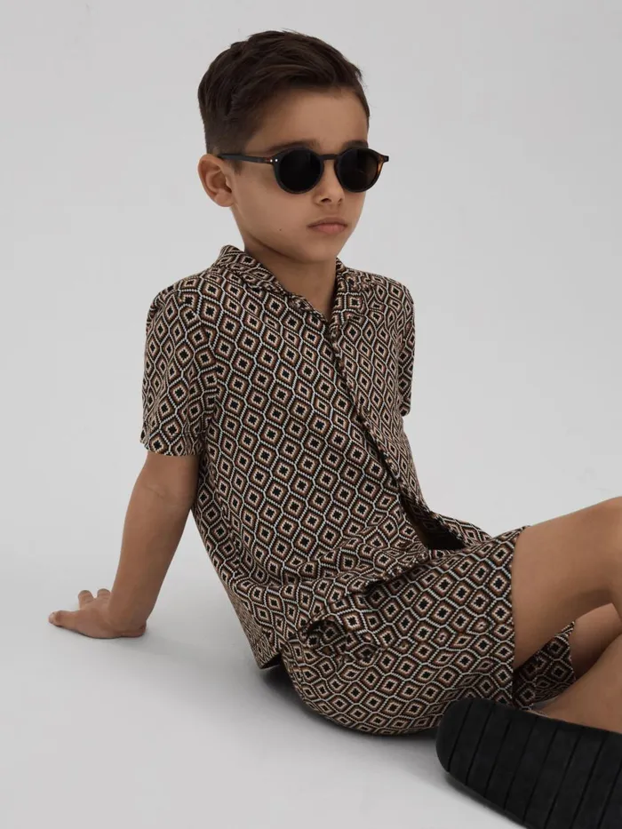 Children Reiss Shirts Grove Jacquard Cuban Collar Shirt Tobacco Multi